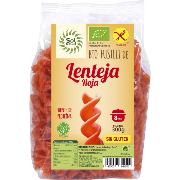 Solnatural Fusilli Lentilles Rouges Bio Sans Gluten 300 G