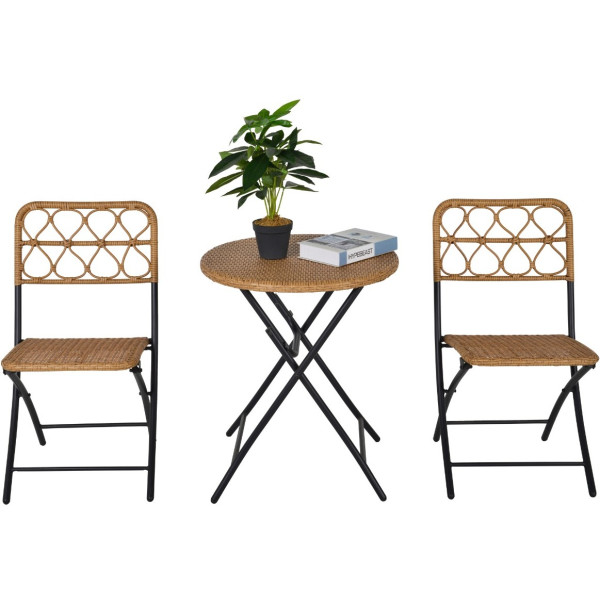 Outsunny Conjunto De Mesa Y 2 Sillas Plegables De Ratán Para Jardín Terraza Exterior Estructura De Acero ?60x71 Cm Y 46x56x83
