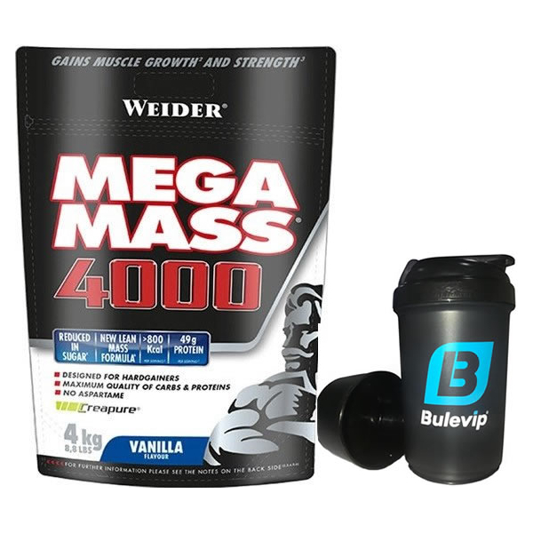Confezione REGALO Weider Mega Mass 4000 4 kg + Bulevip Shaker Pro Nero - 500 ml