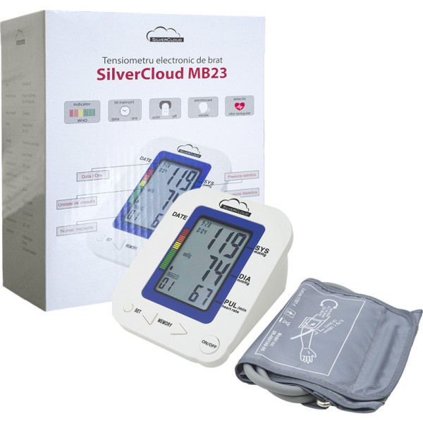 Silvercloud Esfigmomanómetro De Brazo Electrónico Mb23 Con Pantalla Lcd Advertencia Por Voz Indicador De Frecuencia Cardíaca