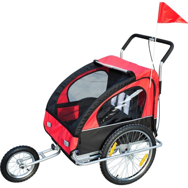Homcom Remolque Para Bicicleta Para Niños 2 Plazas Y Carro De Empuje Para Correr 122x90x106cm Rojo