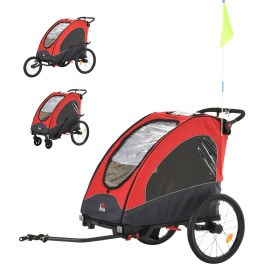 Homcom Remolque Infantil 3en1 Para Bicicleta Carro De 2 Plazas Para Niños De +6 Meses Plegable Ruedas Giratorias Y Manillar Aju