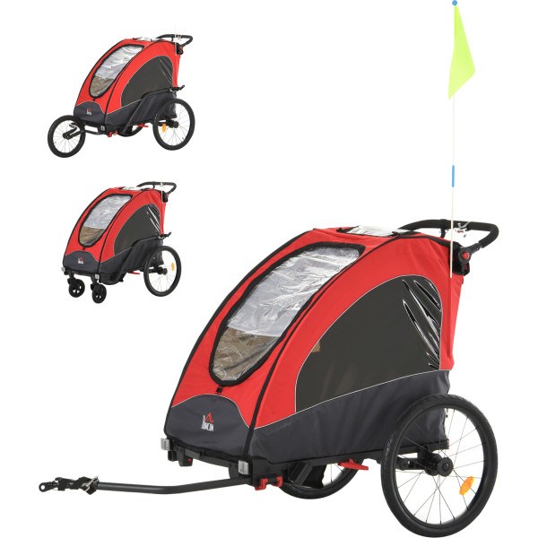 Homcom Remolque Infantil 3en1 Para Bicicleta Carro De 2 Plazas Para Niños De +6 Meses Plegable Ruedas Giratorias Y Manillar Aju