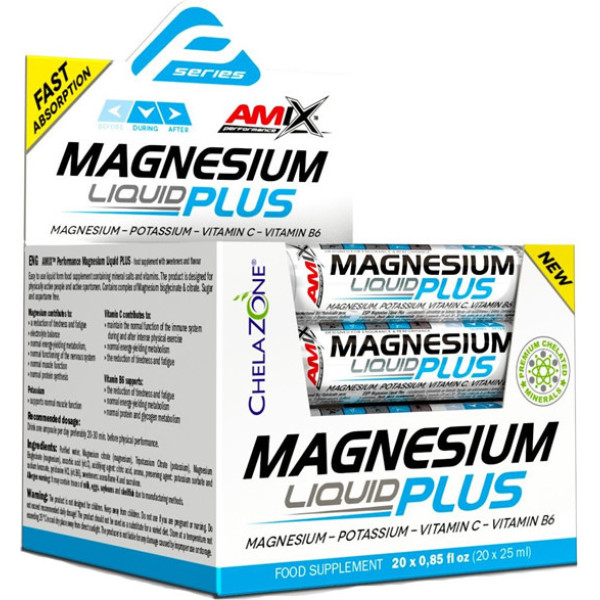 Amix Performance Magnesium Plus Liquid 20 ampolas x 25 ml - Contém Magnésio e Potássio / Enriquecido com Vitamina B6