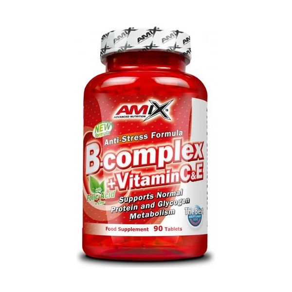 Amix B-Complex 90 tabs + vitamina C&E, suplemento vitamínico, fornece ácido fólico e zinco