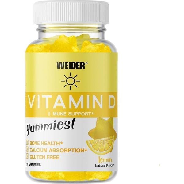 Weider Vitamin D Gummies - 50 Gominolas de Vitamina D Sabor Limón / Sin Azúcares y Sin Gluten