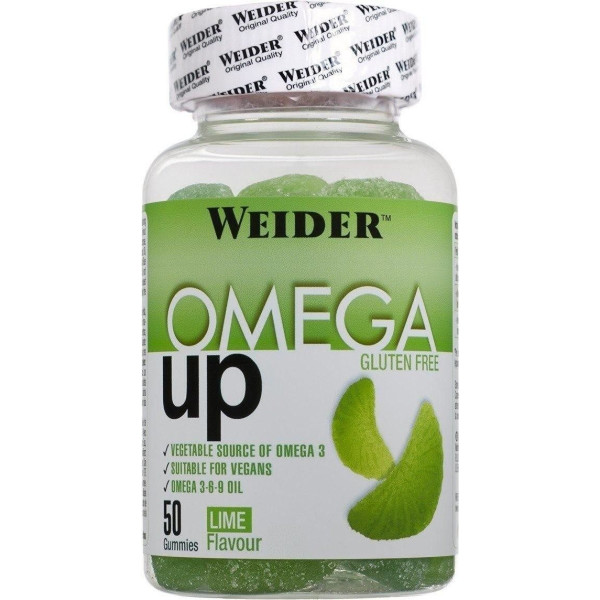 Weider Weider Omega Up 50 gummies. Sabor lima. Combinación de ácidos grasos omega 3-6-9. Producto 100% veganos y sin gluten. 