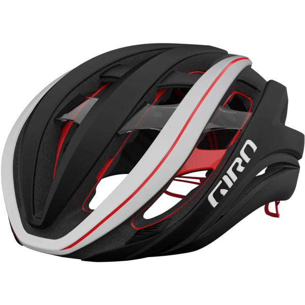Giro Aether is een bolvormige matzwart/wit/rood s-fietshelm