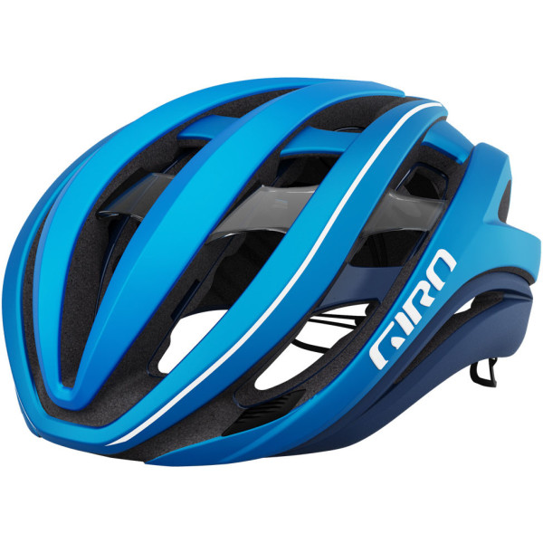 Giro Aether ist ein kugelförmiger, mattblau eloxierter L-Fahrradhelm