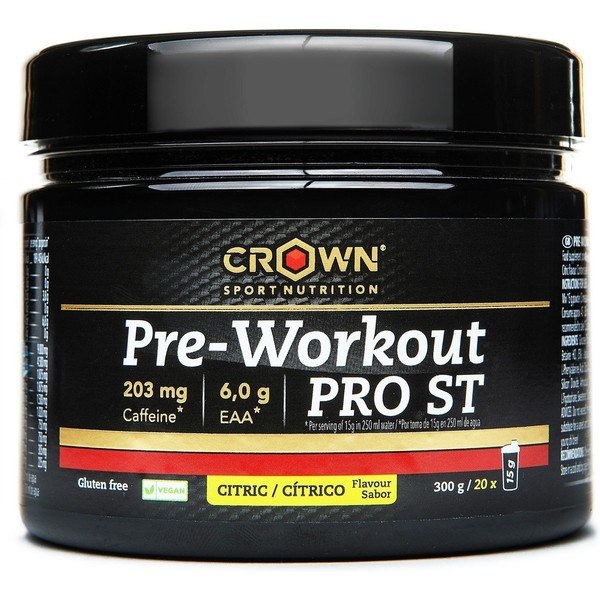 Crown Sport Nutrition Pre-Workout PRO ST 300 g, Pre-Workout met gepubliceerde wetenschappelijke studie en anti-doping geïnformeerde sportcertificering. Met EEAA, cafeïne en stikstofmonoxide-precursoren, allergeenvrij