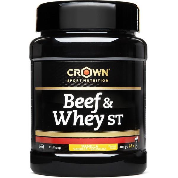 Crown Sport Nutrition Beef & Whey 486 g. Mélange de protéines scientifiquement étudié, composé d'Iso Whey hydrolysé et de 100% de bœuf.