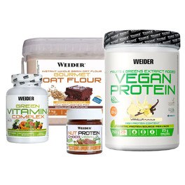 Pack Weider Vegan Protein 750 gr + NutProten Choco Vegan Spread + Green Vitamin Complex + Farinha de Aveia 1,9 kg