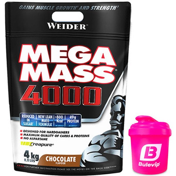 Confezione REGALO Weider Mega Mass 4000 4 kg + Bulevip Shaker Mixer Rosa - 300 ml