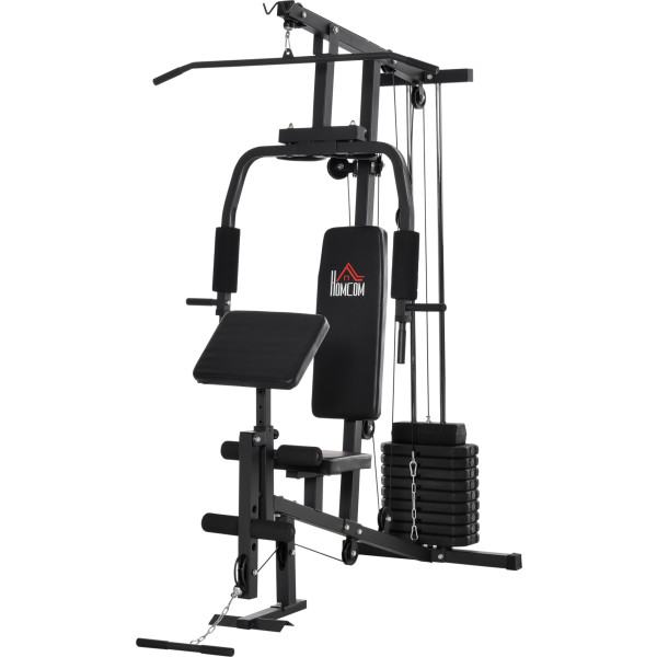 Homcom Multiestación Máquina De Musculación Con Estribo Para Piernas Poleas Y Placas De Peso De 45 Kg Para Entrenamiento Fitn