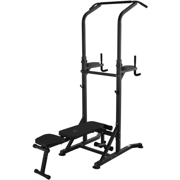 Homcom Estación De Musculación Torre De Entrenamiento Altura Ajustable Con Barra De Dominadas Y Banco Plegable Para Fitness En