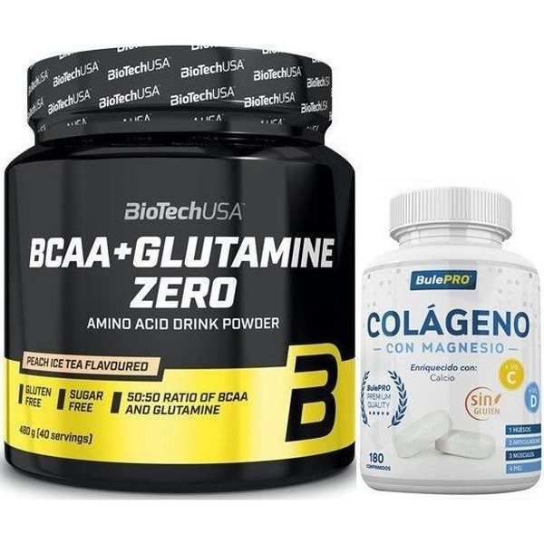 Pack BioTechUSA BCAA + Glutamina Zero 480 gr + BulePRO Colágeno com Magnésio 180 comprimidos