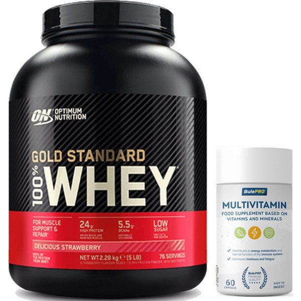 Pack Optimum Nutrition Protein On 100% Whey Gold Standard 5 lbs (2,27 kg) + BulePRO Multivitamine 60 Kapseln