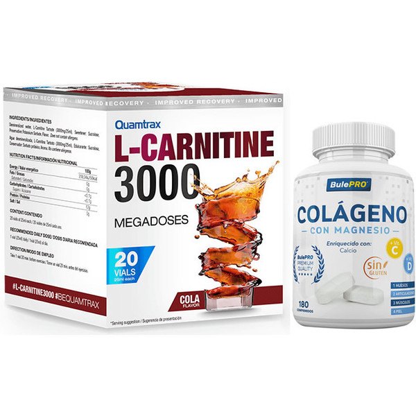 Embalagem Quamtrax L-Carnitine 3000 20 frascos x 25 ml + BulePRO Collagen com Magnésio 180 comprimidos