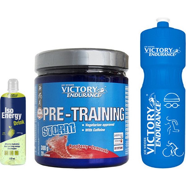 GIFT Pack Victory Endurance Pre-Training Storm 300 gr + Iso Energy Drink 500 Ml + Bidon 750 Ml Blauw