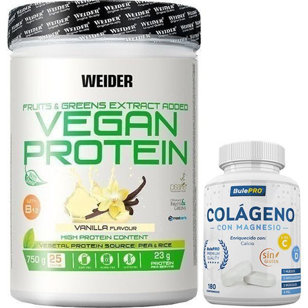 Pack Weider Vegan Protein 750 Gr 100% pflanzliches Protein + BulePRO Collagen mit Magnesium 180 Tabletten