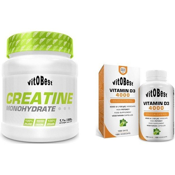 Pack VitOBest Créatine Poudre 500 gr + Vitamine D3 100 Caps