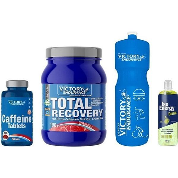 Pack Victory Endurance Total Recovery 1250 + Comprimés de Caféine 250 Caps + Iso Energy Drink 500 Ml + Bouteille d'Eau 750 Ml Bleu