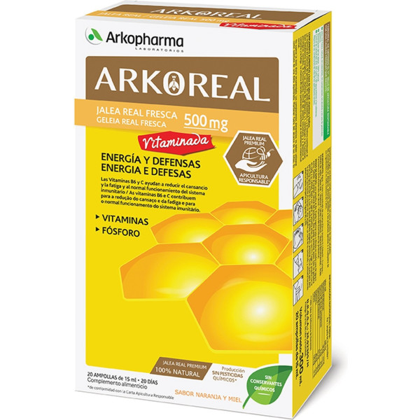 Arkopharma Arkoreal Pappa reale vitaminizzata 500mg Gusto arancia e miele 20 fiale da 15ml (arancia - miele)