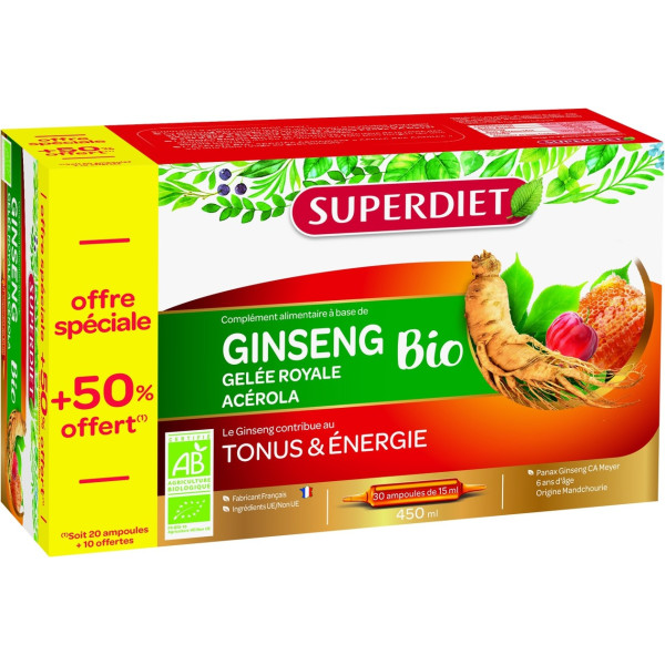 Superdiet Ginseng Acerola Jalea Real Orgánica + 50% Gratis 30 Ampollas De 15ml