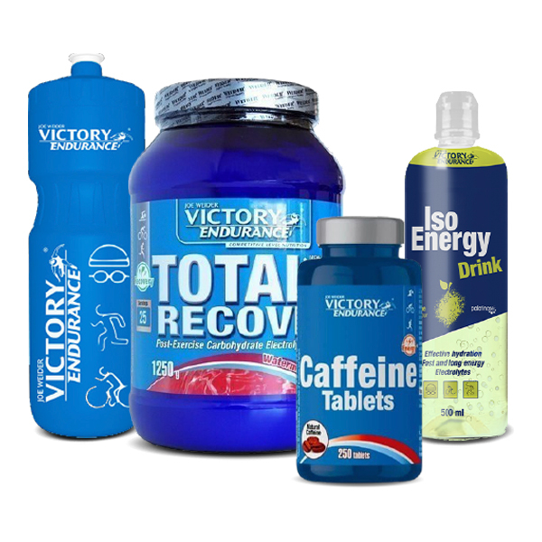 GIFT Pack Victory Endurance Total Recovery 1250 + Pastilhas de Cafeína 250 Cápsulas + Bebida Energética Iso 500 Ml + Garrafa de Água 600 Ml Azul