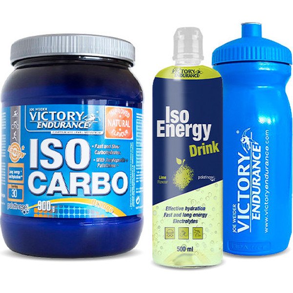 GESCHENKPAKET Victory Iso Carbo Orangengeschmack 900 gr + Iso Energy Drink 500 ml + Wasserflasche 600 ml Blau