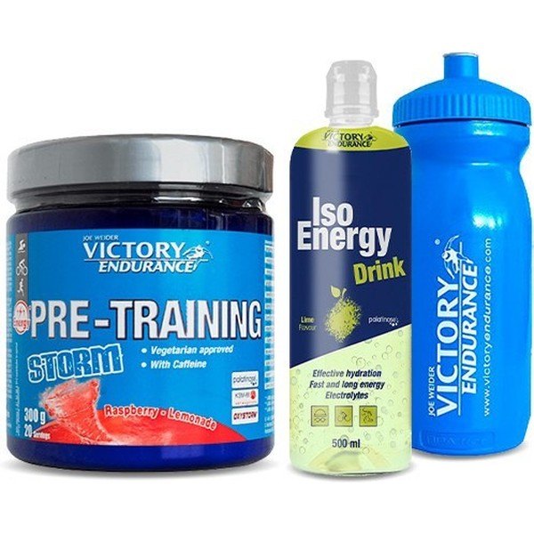GESCHENKPAKET Victory Endurance Pre-Training Storm 300 gr + Iso Energy Drink 500 ml + Wasserflasche 600 ml Blau