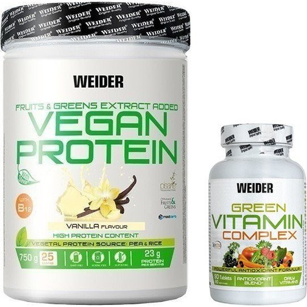 Pack Weider Vegan Protein 750 Gr 100% pflanzliches Protein + Green Vitamin Complex 90 Tabletten