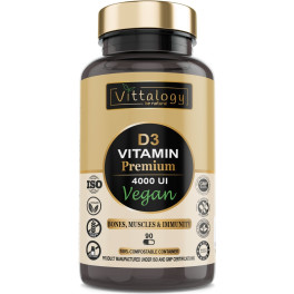 Vittalogy  . Vitamin D3 Premium Vegan. Vitamina D3 Vegana 4000 Ui. Con Aceite De Oliva Que Ayuda A La Absorción De Calcio Y Fó