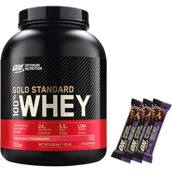 CADEAU Pack Optimum Nutrition Protein On 100% Whey Gold Standard 5 Lbs (2.27 Kg) + Protein Crisp Bar 3 Barres X 70 Gr