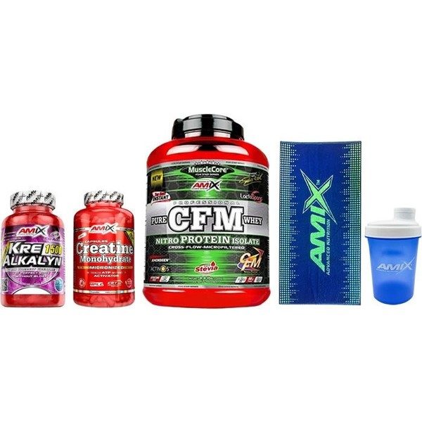 GESCHENKPAKET Amix MuscleCore CFM Nitro Protein Isolate 2 kg + Kreatin 220 Kapseln + Kre-Alkalyn 30 Kapseln + Handtuch + Shaker 500 ml