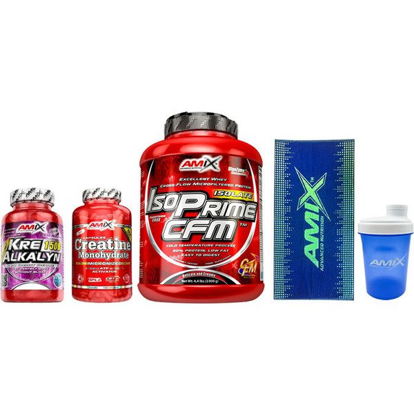 Confezione REGALO Amix IsoPrime CFM Proteine Isolate 2 Kg + Creatina 220 Capsule + Kre-Alkalyn 30 capsule + Asciugamano + Shaker 500 ml