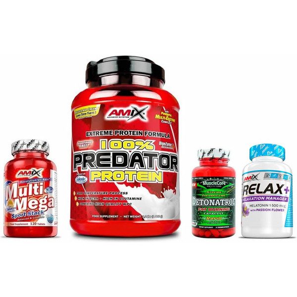 GESCHENKPAKET Amix Predator Protein 1 Kg + Multi Mega Stack 120 Tabletten + Detonatrol 30 Kapseln + Relax 30 Kapseln