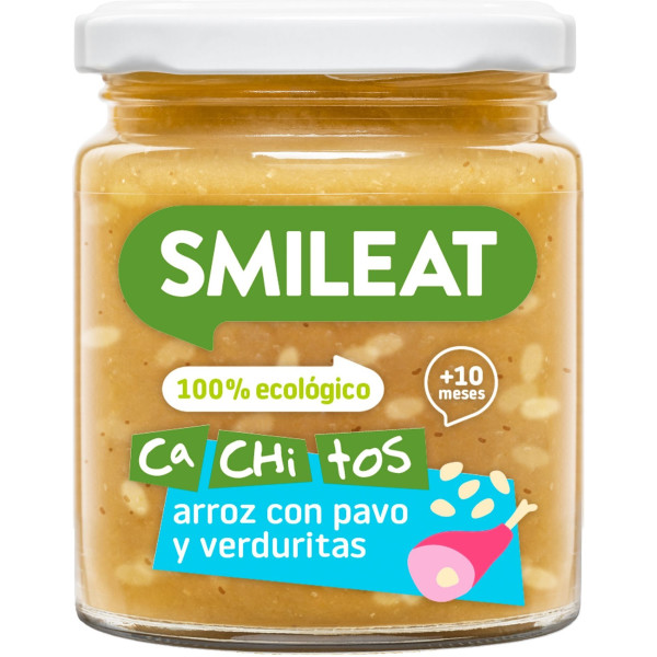 Pote Smileat com pedacinhos de arroz e peru com legumes