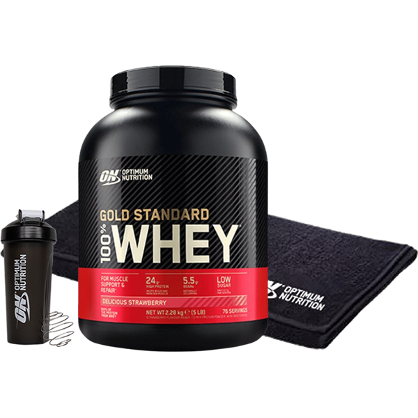 GESCHENKPAKET Optimum Nutrition Protein On 100% Whey Gold Standard 5 Lbs (2,27 kg) + Schwarzes Handtuch + Schwarzer Shaker 600 ml