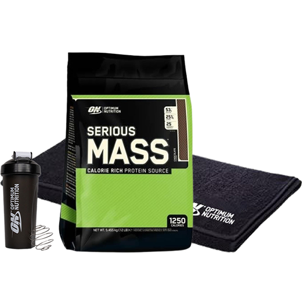 Confezione REGALO Optimum Nutrition On Serious Mass Protein 12 Lbs (5,45 Kg) + Asciugamano Nero + Shaker Nero 600 ml