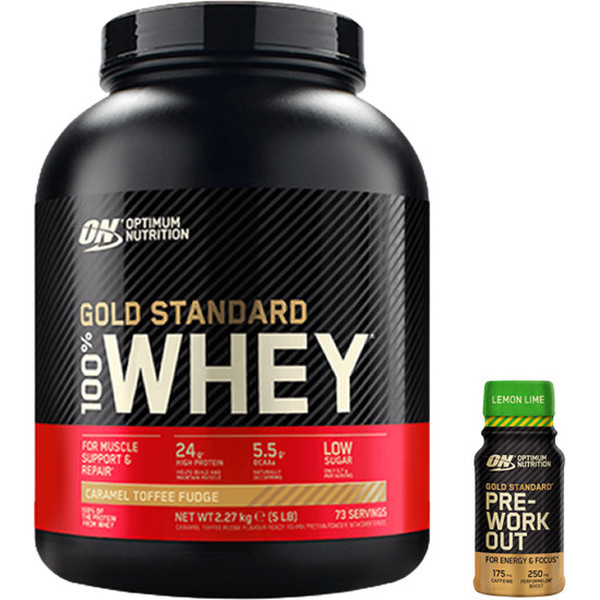 CADEAU Pack Optimum Nutrition Protein On 100% Whey Gold Standard 5 Lbs (2.27 Kg) + Amin.o. Énergie + électrolytes 1 Bidon X 250 Ml