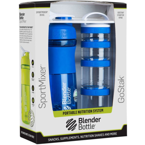 Conjunto de frascos de liquidificador misturador esportivo Go Stack 820 ml + 4 frascos Go Stack Starter azul