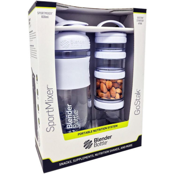 Pacote de garrafa de liquidificador misturador esportivo Go Stack 820 ml + 4 frascos Go Stack Starter branco