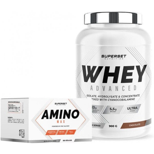 Superset Nutrition Pack Ganancia Muscular Pura Para Principiantes 100% Whey Proteine Advanced 900 Gr + Amino Max 252 Caps