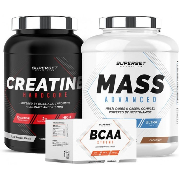 Superset Nutrition Pack Aumento De Peso Mass Advanced 2.5 Kg + Creatine Hardcore 1.5 Kg Naranja + Bcaa Xtreme 252 Caps