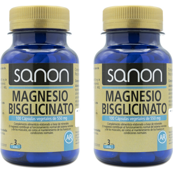Sanon Bisglycinate de Magnésium 100 Gélules Végétales 550 mg Pack 2