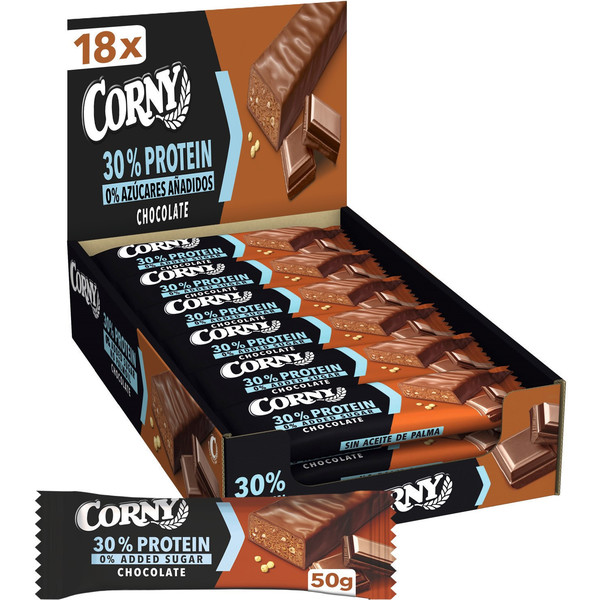 Corny Protein Barrita de cereales proteica / 30% de proteinas / 0% azúcares añadidos / 18 barritas x 50 gr