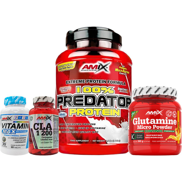Confezione REGALO Amix Predator Protein 1 Kg + Glutamine Micro Powder Drink 360 gr + Vitamin Max 30 caps + Cla 30 caps