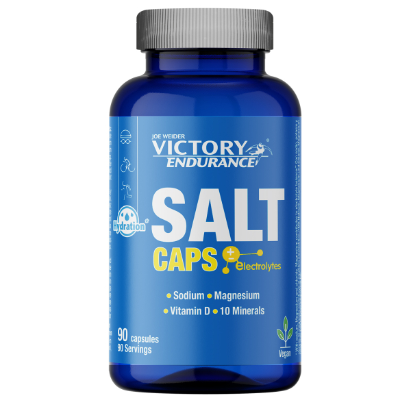 Bouchons de sel Victory Endurance. 90 gélules. Avec un apport supplémentaire en vitamines D et B1. Avec sodium, potassium, chlore, calcium, fer, magnésium, iode, cuivre, manganèse, sélénium.