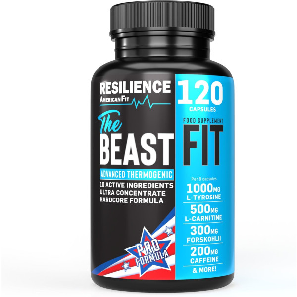 Resilience American Fit The Beast Fit Quemagrasas potentes para adelgazar 120 caps /  Guaraná / l carnitina / Café Verde / l carnitina quemagrasas / Cromo / detox adelgazante potente